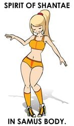 1girls animated belly_dance blonde_hair casual_outfit_(metroid) closed_eyes clothing dancing female female_only metroid minus8 navel nintendo ponytail rocket_heels samus_aran shorts sidelocks simple_background smile super_smash_bros. text white_background