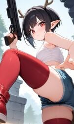 ai_generated antlers assassin beach black_hair elf_ears eye_contact gloves pixie_cut red red_eyes red_gloves seductive_expression short_hair smirk smug_expression stripper teasing usebackdooronly