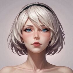 /// 1:1_aspect_ratio ai-created ai_generated bare_shoulders blue_eyes blush close-up closed_mouth clothing ear eyebrows eyelashes face face_focus female hairband headwear high_resolution light_skin lips lipstick makeup nier:_automata nier_(series) nose short_hair simple_background solo traumai upper_body white_hair white_skin yorha_2b