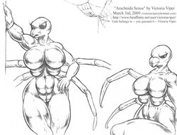 2009 against_wall anthro arachnid bedroom_eyes big_breasts busty claws email eyelashes gale_(victoria_viper) hand_on_hip insects looking_at_viewer monochrome multi_arm multi_breast multi_limb navel no_sclera pencil_(artwork) pincers shaded shiny_skin spider spider_web toned traditional_media_(artwork) victoria_viper