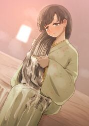 absurdres black_hair brushing_hair closed_mouth comb commentary_request commission cum cum_on_hair female green_kimono highres holding holding_comb idolmaster idolmaster_cinderella_girls japanese_clothes kimono kobayakawa_sae long_hair long_sleeves on_bed pixiv_commission sitting solo sweat tomawarinosuizou upper_body very_long_hair