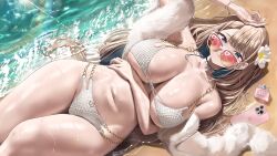 1girls asako_fuyuyama beach bikini blonde_hair blue_eyes breasts female gyaru hi_res kuse_(0201) large_breasts light-skinned_female light_skin long_hair lying_on_back original original_character outdoors