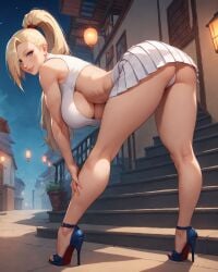 1girls ai_generated alex-schura alley alternate_costume ass ass_focus bare_ass bare_shoulders bare_thighs bent_over big_breasts blonde_hair blue_eyes blush bubble_ass bubble_butt crop_top curvaceous curvy curvy_body curvy_female curvy_figure dat_ass flower flower_hair_ornament full_body g-string hair_ornament hairpin hanging_breasts heels high_heels hourglass_figure huge_breasts ino_yamanaka large_breasts long_hair looking_at_viewer looking_back looking_back_at_viewer midriff miniskirt nai_diffusion naruto naruto:_the_last naruto_(series) naruto_shippuden no_bra oppai outdoors panties pinup presenting presenting_ass presenting_hindquarters revealing_clothes sagging_breasts shirt skimpy skimpy_clothes skirt sleeveless sleeveless_shirt solo stable_diffusion stairr thick_ass thick_thighs thighs underass underboob very_long_hair voluptuous