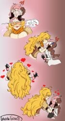 2girls blonde_hair breasts brown_hair covered_eyes fingerless_gloves gloves hands_on_face heart kiss_mark kissing lesbian_kiss lipstick lipstick_kiss lipstick_mark long_hair medium_breasts mwah neo_(rwby) overlord-wrath pink_hair puckered_lips red_lips red_lipstick rwby saliva saliva_trail smooch spit two_tone_hair yang_xiao_long yuri