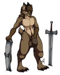 2018 alpha_channel anthro ar'kal_(viggs) bulge canine clothing dungeons_and_dragons gnoll highres horn humanoid_penis male male_only mammal melee_weapon muscles nude penis penis_outline pubic_hair shield simple_background smile solo standing standing_tough sword transparent_background weapon