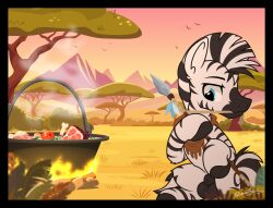 animal_genitalia balls black_border bone border cooking equid equine equine_genitalia fan_character feral food genitals hasbro hi_res male mammal meat melee_weapon mountain my_little_pony outside polearm scarf sherathoz solo spear weapon zebra