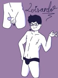 1boy average_sized_penis black_eyes black_glasses black_hair blush boy gay glasses jockstrap luisardo penis smile smiling smiling_at_viewer solo solo_male white_skin