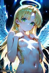 ahoge ai_generated angel angel_wings asia_argento blonde_hair female green_eyes halo hell-pantsu high_school_dxd long_hair nipples small_breasts solo