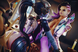 1boy 2girls 3d areolae ass blender breasts cole_cassidy daintydjinn dark-skinned_female dark_skin erection female male nipples open_jacket overwatch penis sombra straight tattoo widowmaker