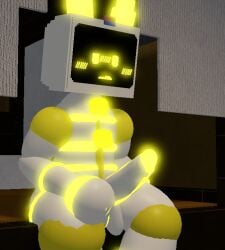 3d arm_on_thigh bisexual_male blush_lines buttons glowing_penis goofylookin horns nervous on_bed penis_focus roblox sitting_on_bed solo_male source_request tv_head_robot