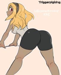 1girls ass backboob bent_over big_ass bike_shorts black_shorts blonde_hair bottomwear clothing dat_ass female female_only gravity_rush hair huge_ass kat_(gravity_rush) long_hair looking_back red_eyes shorts solo solo_female tank_top thighs topwear triggerpigart white_tank_top