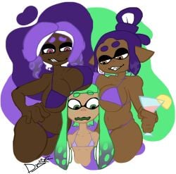 3girls big_breasts bikini brown_eyes chubby chubby_female dark-skinned_female dark_skin digital_drawing_(artwork) duskizi female female_only flat_chest green_eyes green_hair inkling inkling_girl looking_at_another mesa_(duskizi) nervous nervous_expression nintendo octoling octoling_girl orange_eyes original original_characters purple_hair smirk splatoon tan_skin tan_skinned_female