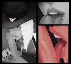 1girls 2d 2d_animation animated ashe_(overwatch) blizzard_entertainment comic cowboy_hat erection eye_contact eyelashes eyeshadow fellatio female gif hat licking licking_penis light_skin looking_at_viewer male medium_hair mole_above_mouth naughty_face open_mouth oral overwatch penis provocative raunchyninja red_eyes red_lipstick seductive_eyes seductive_look seductive_smile slim straight tongue white_hair