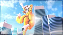 anthro ass bandai_namco big_breasts big_butt breasts building digimon digimon_(species) female genitals hi_res macro not_person420 nude pussy raised_arm renamon solo tail