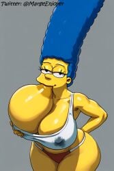 ai_generated big_breasts big_nipples blue_hair edit huge_breasts large_breasts large_nipples looking_at_viewer marge_simpson margeenjoyer milf self_upload smile sucking_nipple sucking_own_breasts the_simpsons thick_thighs underwear wide_hips yellow_skin