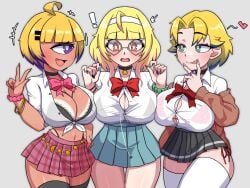 3girls bangle bedroom_eyes bikini bikini_under_clothes blonde_hair bow bra bursting_breasts choker commission commissioner_upload cyclops dyed_hair embarrassed exclamation_mark glasses green_eyes gyaru hair_ornament hairpin headband heart heart-shaped_eyewear heart_glasses highleg_panties highlights huge_breasts jacket navel octette_(octotron2000) original_character painting_fish pink_eyes purple_eye ring school_uniform schoolgirl scrunchie seductive skirt smug someone_else's_oc spoken_exclamation_mark spoken_heart tan_body thighhighs thong underwear