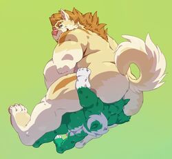 anthro ass back_tuft biceps big_butt canine duo eyebrows facesitting fur gay green_fur husky malamute male mammal muscular simple_background size_difference smile taoren thigh_grab triceps yaoi