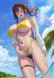 bikini bikini_bottom_aside blush breasts brown_hair censored closed_eyes clothing_aside dead_or_alive embarrassed excessive_pubic_hair female female_pubic_hair hair_between_eyes hair_ornament highres jeneral large_breasts long_hair looking_at_viewer misaki_(doa) mosaic_censoring navel o-ring off_shoulder open_clothes open_mouth open_shirt outdoors partially_submerged partially_visible_vulva peeing ponytail pubic_hair pussy shirt solo standing star_(symbol) star_hair_ornament swimsuit wet wet_clothes wet_shirt white_shirt x_hair_ornament yellow_bikini