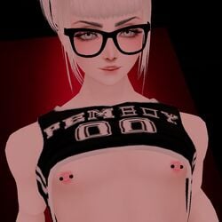 1boy 3d androgynous areola breasts eyelashes eyeshadow femboy girly glasses imvu lipstick makeup nipple nipple_piercing nipples piercing silver_hair small_breasts solo trap white_eyes