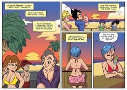 3girls 5boys big_breasts bikini bikini_(dragon_ball) bikini_bottom bikini_top blue_hair bulma_briefs comic comic_page dragon_ball dragon_ball_super dragon_ball_z drinking english english_text funsexydragonball hat milf page_2 panchy panchy_(dragon_ball) panchy_briefs part_1 red_bikini sitting son_goten speech_bubble sunset trunks_briefs vegeta yellow_bikini