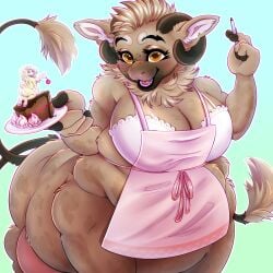 anthro apron belly big_belly big_breasts breast breasts cake chubby chubby_female female looking_at_viewer mommy overweight overweight_anthro overweight_female overweight_taur sheep slightly_chubby slightly_chubby_female slightly_chubby_taur taur