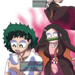 1boy1girl abraham_mega ambush_(trap) big_ass big_breasts black_and_pink_dress breasts covered_mouth crossover deku demon_girl demon_slayer female green_hair izuku_midoriya long_hair looking_at_phone male male/female my_hero_academia nezuko_kamado suprise_attack white_background white_shirt