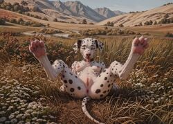 ai_generated anthro anus ass big_feet black_body black_fur blp breasts canid canine canis chest_tuft claws closed_eyes creek dalmatian day detailed_background digitigrade domestic_dog eyebrows feet female field floppy_ears flower foot_focus fur genitals glistening glistening_genitalia grass hi_res hill landscape light lying mammal mountains multicolored_body multicolored_fur navel nipples on_back open_mouth open_smile outside pawpads peach_pussy pink_anus pink_nipples pink_nose pink_pawpads pink_pussy plant plump_labia pussy short_fur small_breasts smile solo solo_focus spots spotted_body spotted_fur spread_legs spreading sunlight tongue tongue_out tuft white_body white_claws white_fur