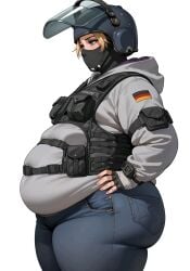 1girls ai_generated bbw ben03020 big_belly iq_(rainbow_six) obese obese_female rainbow_six_siege small_breasts tight_clothing weight_conscious