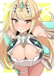 1girls absurd_res bare_shoulders big_breasts blonde_hair cleavage dress headpiece high_res leaning_forward light_blush long_hair looking_at_viewer mythra nintendo short_dress smile thigh_strap white_dress xenoblade_(series) xenoblade_chronicles_2 yoshikirino