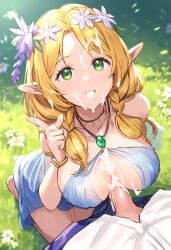 ai_generated ai_hands another_eden blonde_hair cum_in_mouth cum_on_breasts cum_on_face elf elf_ears green_eyes nai_diffusion outdoors paizuri veina