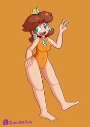 barefoot brown_hair brown_skin crown dusknotsafe female female_only green_eyes mario_(series) mario_and_sonic_at_the_olympic_games nintendo orange_clothes princess_daisy smile swimsuit