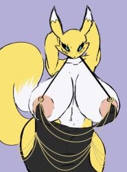 areola_slip arms_above_head bandai_namco breasts digimon digimon_(species) female huge_breasts renamon revifrry thick_thighs video_games wide_hips