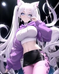 ai_generated belly_button blue_eyes catgirl clothed crop_top cute hollyn_(character) human leapord_print leggings mammal pale_skin posing stomach white_hair