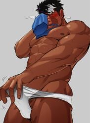 1boy abs bara black_hair bulge clothed_masturbation cowboy_shot dark-skinned_male dark_skin erection erection_under_clothes highres kansuke_(kansuke_717) large_pectorals lilac_(live_a_hero) live_a_hero male_focus male_masturbation masturbation mature_male motion_lines multicolored_hair muscular muscular_male navel nipples pectorals purple_hair short_hair smelling smelling_clothes solo standing stomach streaked_hair thick_eyebrows thick_thighs thighs topless_male white_hair