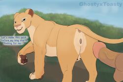 absurd_res anatomically_correct anatomically_correct_genitalia animal_genitalia animal_vulva anthro anus blue_eyes dialogue disney duo felid feline_genitalia feline_vulva female feral genitals ghostyxtoasty grass hi_res human humanoid humanoid_genitalia humanoid_penis lion male male/female mammal nala_(the_lion_king) nipples pantherine pawpads paws penis plant raised_tail tail the_lion_king vein veiny_penis vulva