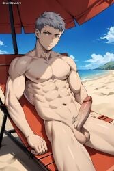 abs ai_generated akihiko_sanada balls bara beach beach_chair beach_umbrella daytime erect_penis handsome large_penis looking_at_viewer male_focus muscular_male naked_male outdoor_nudity persona persona_3 sand silverdawn_art sitting_on_chair solo toned_male water yaoi