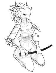 anthro armor athletic avian barely_visible_genitalia barely_visible_pussy beak bird black_and_white bottomless breasts casual_nudity chest_wraps cleavage clothed clothing female full-length_portrait high-angle_view holding_object holding_weapon katana kneeling melee_weapon monochrome non-mammal_breasts portrait pussy samurai shoulder_guards simple_background sketch solo sword w4g4 weapon white_background wraps