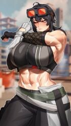 1girls abs big_breasts clothed female_only grace_howard muscular muscular_female solo solo_female solo_focus sotcho stretching sweat tagme zenless_zone_zero