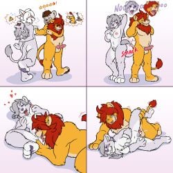 1:1 2022 absurd_res anthro anthro_on_anthro areola asher_fox_(asherfox94) balls biped blacktedy_(blacktedy) blue_eyes bodily_fluids breast_fondling breast_play breasts colored comic countershading cum cum_inside cum_while_penetrated duo_focus erection felid female female_anthro fondling front_view fur genital_fluids genitals grey_body grey_fur group hair hand_on_breast hand_on_own_breast hi_res katzenfaust knot leo_caron_(asherfox94) leo_trinity_(asherfox94) lion looking_pleasured lying male male/female male_anthro mammal motion_lines nipples nude nude_anthro nude_female nude_male on_back on_ground on_side orange_body orange_fur pantherine pawpads penetration penis pictographics pink_body pink_fur purple_eyes purple_nose purple_pawpads rear_view red_hair self_fondle sex standing suit_transformation tail tail_motion tail_whip takeover tan_body tan_countershading transformation white_body white_countershading white_fur white_hair
