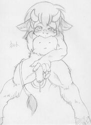 1990s 1999 20th_century anthro anthro_only balls blush bovine cum cute_fangs girly japanese_text macop male male_only mammal minotaur monochrome multi_nipple nipples open_mouth penis simple_background text traditional_media_(artwork) translation_request white_background young