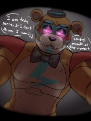 2022 animatronic animatronics anthro bear bowtie dialogue english_dialogue english_text eyes_half_open fangs five_nights_at_freddy's five_nights_at_freddy's:_security_breach fnaf glamrock_freddy glamrock_freddy_(fnaf) glowing_eyes half-closed_eyes hat looking_at_viewer male male_only malfunction on_top on_top_of_viewer orange_body pink_eyes pov pov_eye_contact robot scottgames spaceandroids speech_bubble sweat sweating talking talking_to_viewer