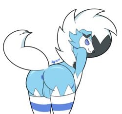 1boy 2018 alpha_channel alternate_color anthro anus ass back bent_over big_ass blue_fur canine clothing furry girly grey_fur half-closed_eyes hi_res kyro_(character) kyrodrx large_ass legwear looking_at_viewer looking_back lycanroc male male_only mammal midnight_lycanroc nintendo nude original_character pokémon_(species) pokemon pokemon_sm presenting purple_eyes purple_sclera simple_background smile solo stockings striped_thighhighs tail testicles thighhighs video_games watermark white_fur