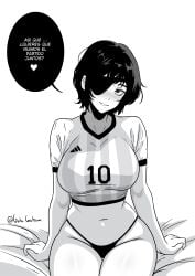 adidas adidas_logo argentina bed bichampions_of_america big_breasts black_and_white black_panties black_thong blush breasts chainsaw_man clothed conmebol copa_america copa_america_2024 crop_top eyepatch female gato_gratam heart himeno_(chainsaw_man) inviting_to_bed looking_at_viewer monochrome navel panties seductive seductive_look shirt short_hair sitting sitting_on_bed skindentation smiling soccer soccer_uniform solo spanish_text speech_bubble spoken_heart striped_shirt stripes tagme thighs thong translated watermark