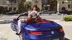 1girls 2023 3d clothed clothing enetwhili2 female female_only high_heels large_breasts looking_at_viewer mature mature_female milf on_car outdoor outdoors outside plaid_skirt red_hair sitting sitting_on_car skirt solo solo_female