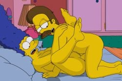 bed bedroom big_breasts blue_hair brown_hair cheating cheating_wife dilf glasses mangoart marge_simpson milf moustache ned_flanders penis pillow sex spread_legs straight the_simpsons thick_thighs vaginal_penetration yellow_body yellow_skin