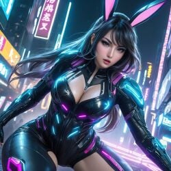 1girls black_bodysuit black_hair bunny_(the_first_descendant) bunny_ears city cleavage dutch_angle female large_breasts lips long_hair looking_at_viewer lordsaintt night open_mouth outdoors solo the_first_descendant wide_hips