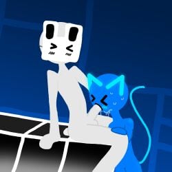 aliveone blue cat_ears_(disambiguation) cat_tail duo felid feline fellatio genitals geometric_background geometry_dash hi_res human kevicraft male male/male mammal mask oral penile penis sex simple_background sucking