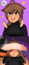 big_breasts blush blush_lines brown_body brown_eyes brown_hair clothed conversation dialogue dialogue_bubble dick dick_out female heart horny_female horny_male long_hair male nightrxgue roblox roblox_avatar robloxian stars sweat turtleneck turtleneck_sweater