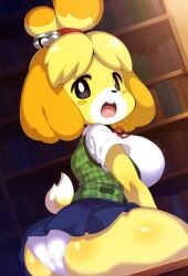 ai_generated animal_crossing bare_legs big_ass big_breasts big_butt black_eyes blonde_hair blush dog_ears dog_girl dog_tail fat_ass fur furry furry_only huge_breasts huge_thighs isabelle_(animal_crossing) looking_at_viewer massive_breasts mr._nyazakura nintendo office_lady panties ponytail shortstack thick_thighs thighs upskirt