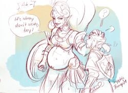 breath_of_the_wild dark_skin gerudo headpat larger_female link link_(breath_of_the_wild) muscular muscular_female nintendo pregnancy pregnant pregnant_female sapphicbump size_difference smaller_male the_legend_of_zelda urbosa